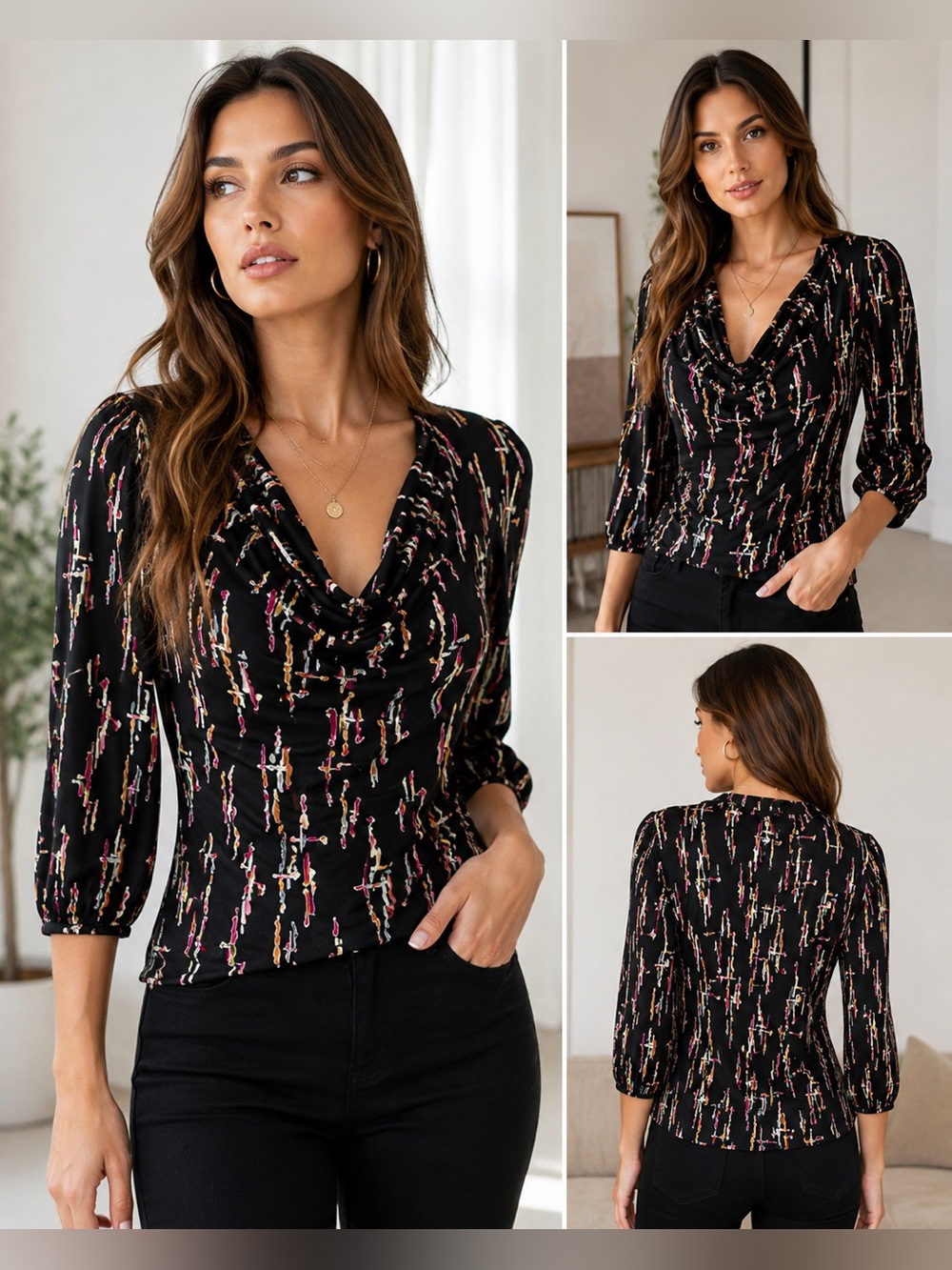 T-Bags Los Angeles Y2K Draped Cowl Neck Abstract Print Blouse Small